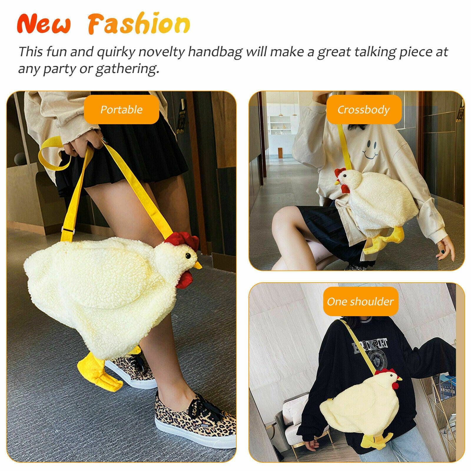 Women Faux Fur Tote Shoulder Bag Cartoon Chicken Plush Handbag Crossbody Pack