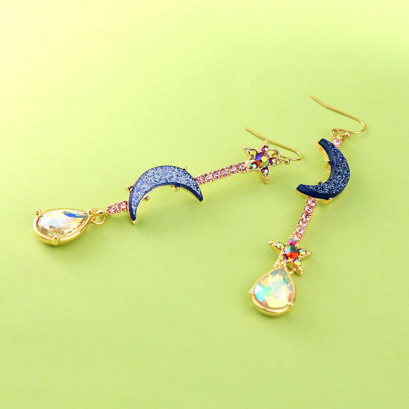 New Fashion Women Jewelry Blue CZ Moon&star Drop Dangle Earrings Long Jewelry
