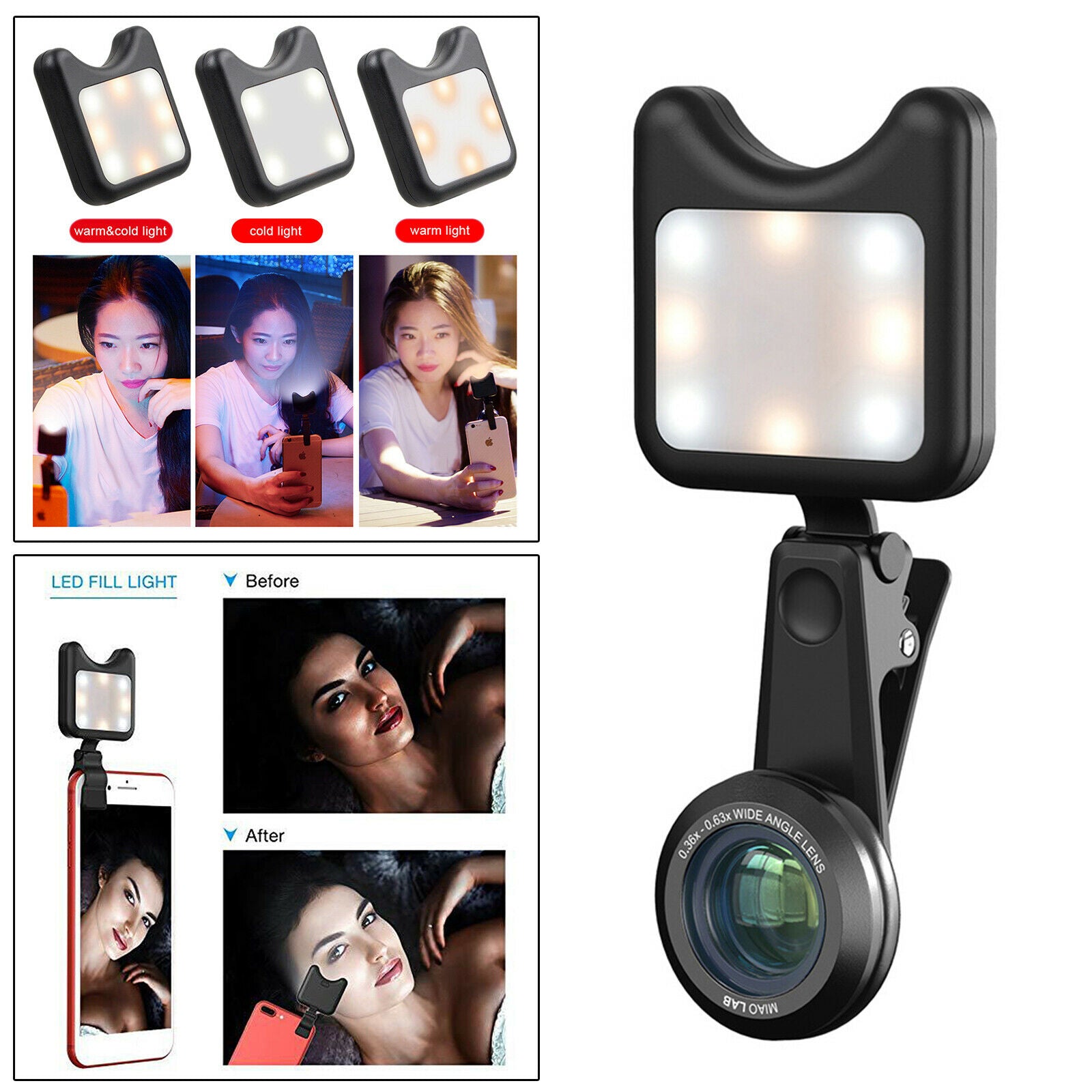Clip-on Fill-in Video Light witt Clip for Phone for Any Cellphone Smartphone