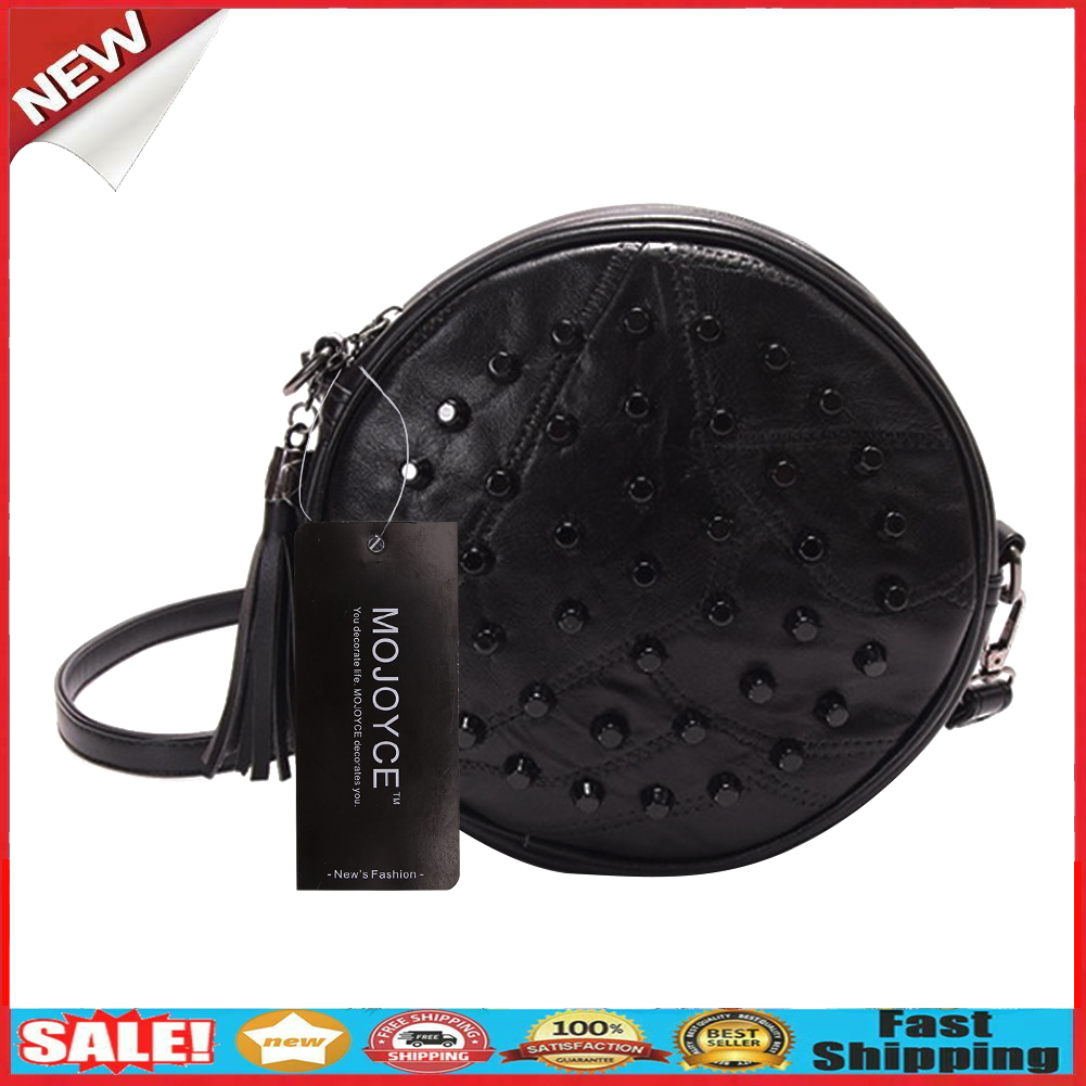 Women Sheepskin Rivet Cute Round Mini Shoulder Bag Crossbody Bag Black @