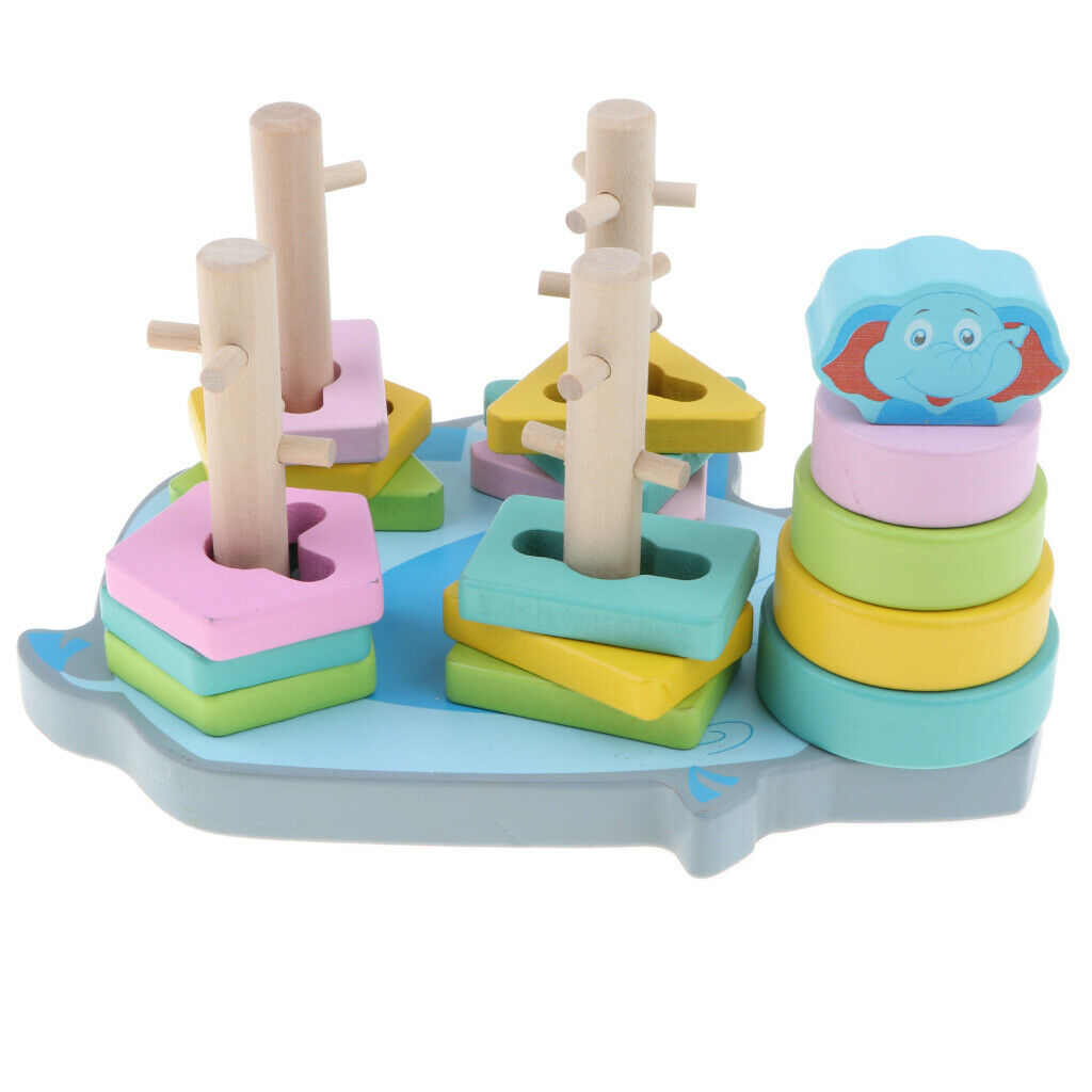 Wooden Cartoon Elephant Base Geometric Shape and Color Matching Blocks for Kids