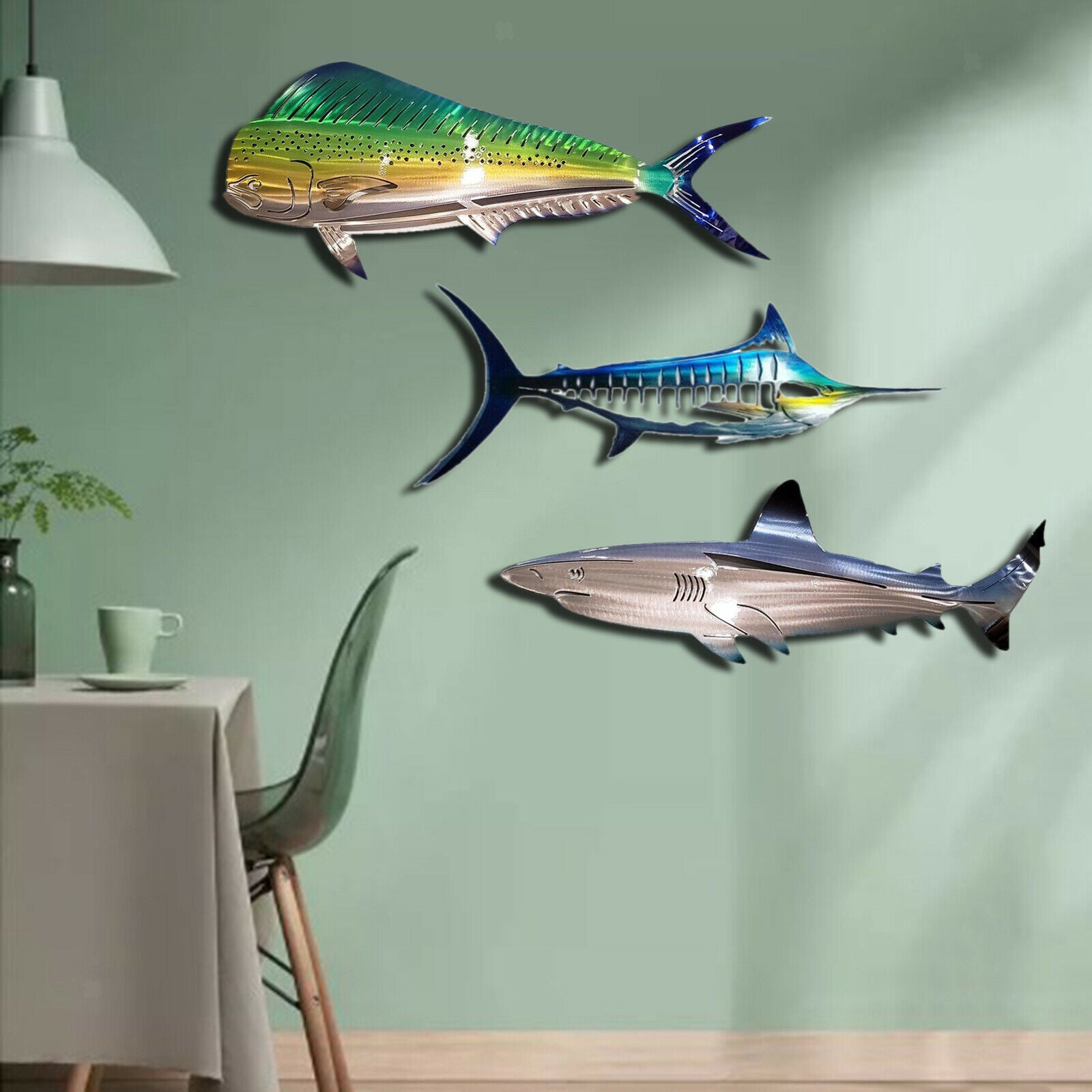3Pcs Metal Shark Wall Decor Ocean Fish Hanging Sculpture Living Room Garden