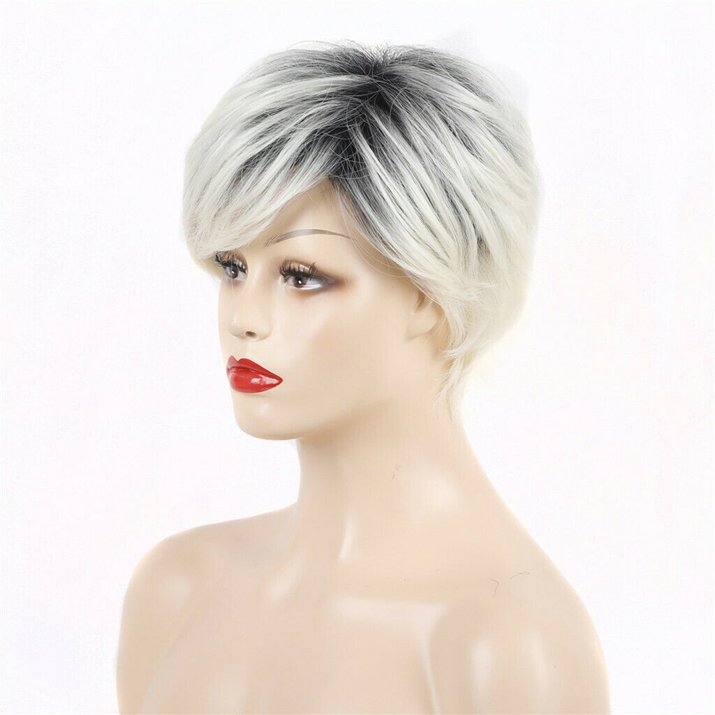 Short Full Head Wig Beige Black Gradient Oblique Bangs Women Synthetic Wig