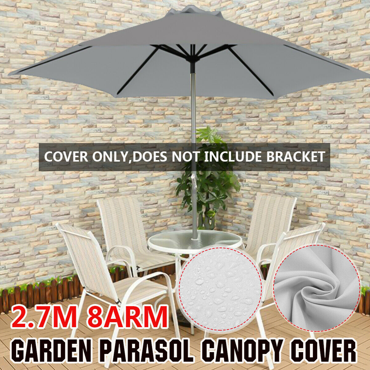 Light Gray Patio Replacement Parasol Canopy Fabric Cover For 8Ribs Umbrella