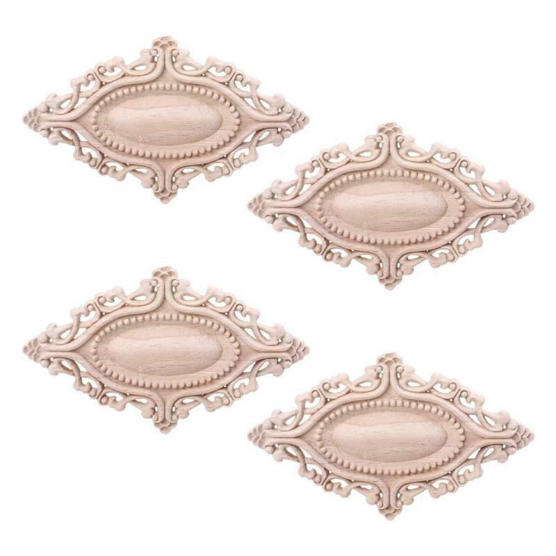 4pcs Wood Carved Onlay Applique Oval Carving Flower Unpainted Frame Furniture