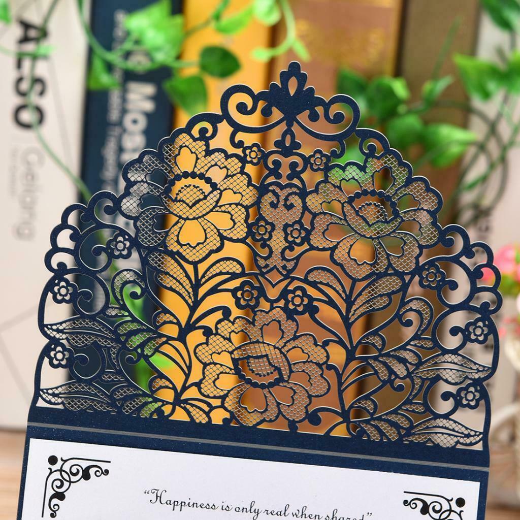 10 Sets Luxury Hollow Floral Wedding Invitation Cards with Envelope Blue