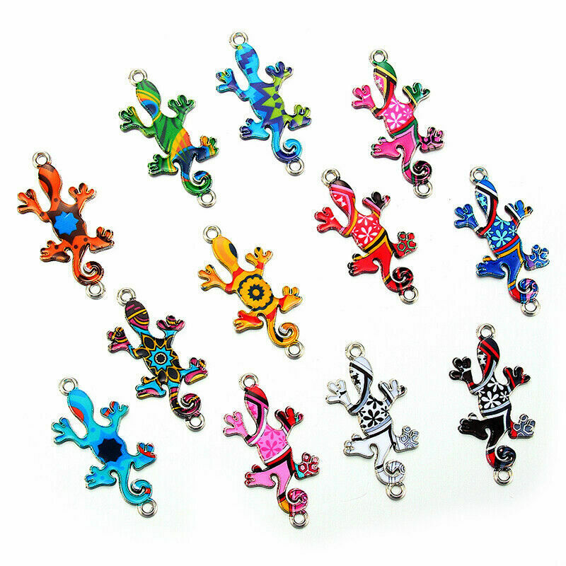 10pcs Mixed Color Enamel Gecko Connectors Charm Pendant Fit DIY Bracelet Making