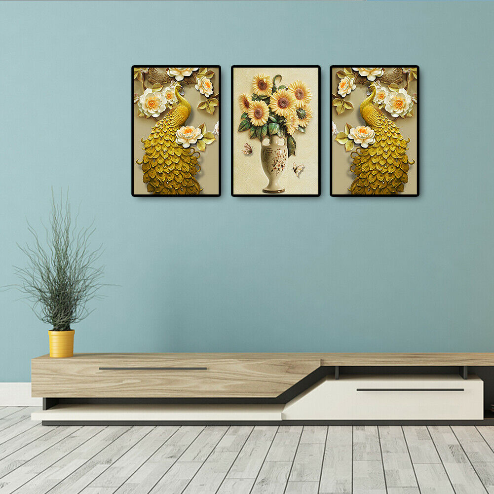 5D DIY Diamond Painting Golden Peafowl Flower Full Round Drill Embroidery  @