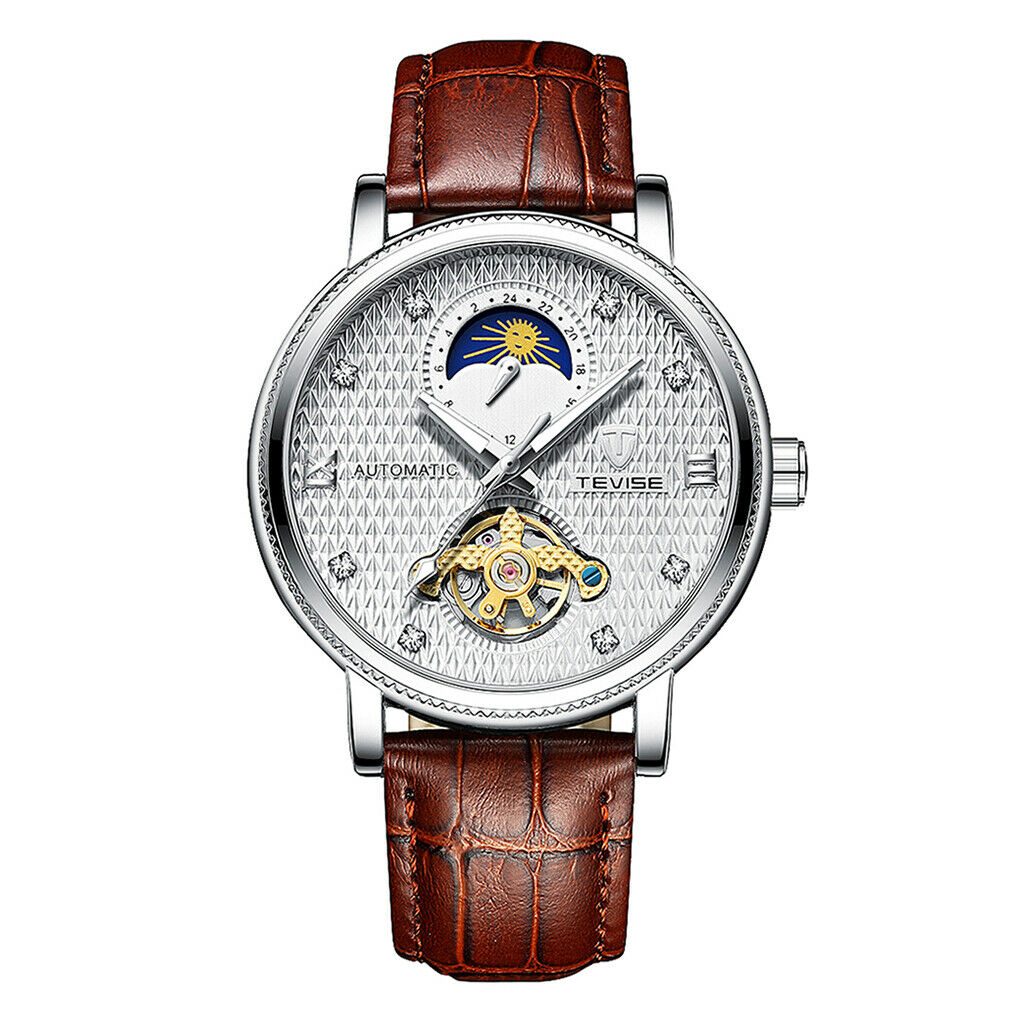 Men Luminous Automatic Mechanical Watch Leather Band Wristwatch Brown