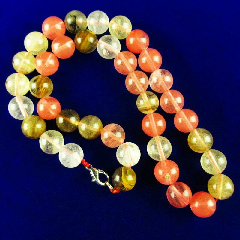 12mm Volcano Cherry Quartz Round Beads Pendant Necklace 17.5 inch 78g A-512DP