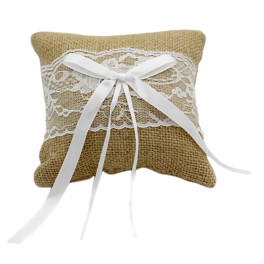 Wedding Ceremony Ring Pillow Cushion Linen Square Ring Bearer Bowknot 20cm