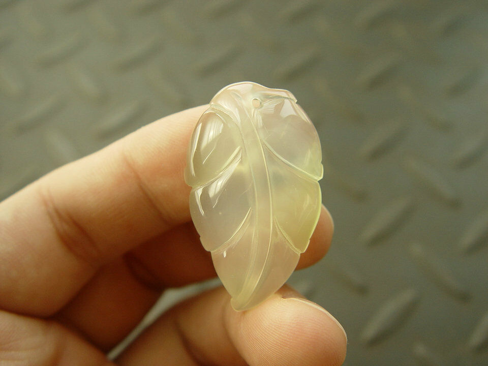 Unique Natural chalcedony agate Chinese Jade Icy hand carved Pendant Leaf AAA