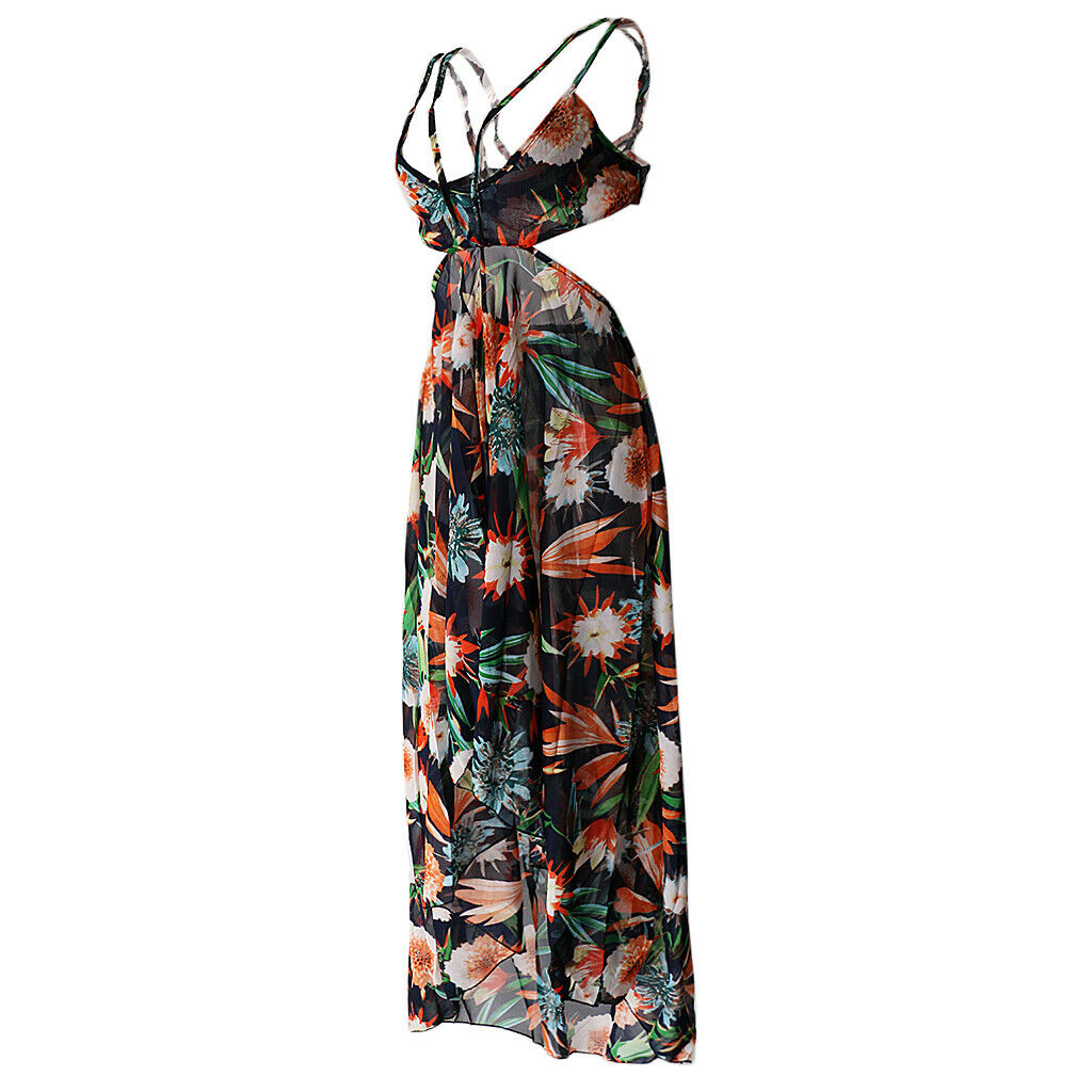 Women's Split Floral Spaghetti Strap Beach Party Maxi Dress M Orange Black