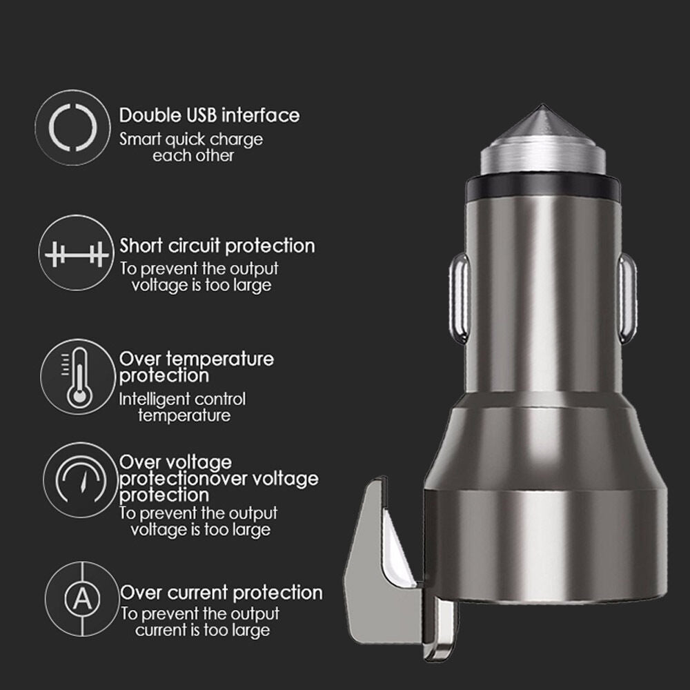 3in1 Multifunction LED Dual USB Auto Car Phone Charger Safety Hammer Belt Cutter