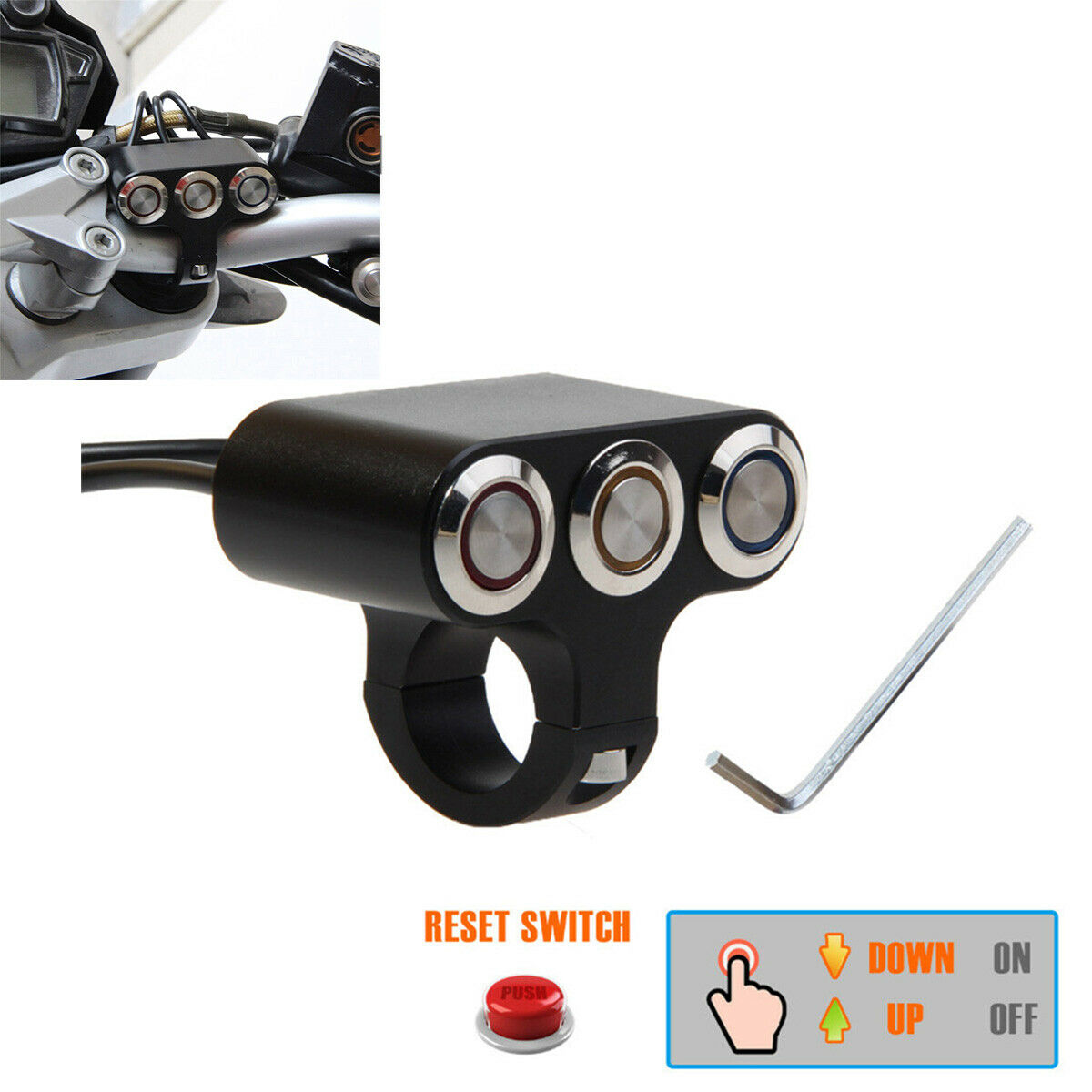 Motorcycle Handlebar Three Control Switch Button Headlight Brake Momentary LED