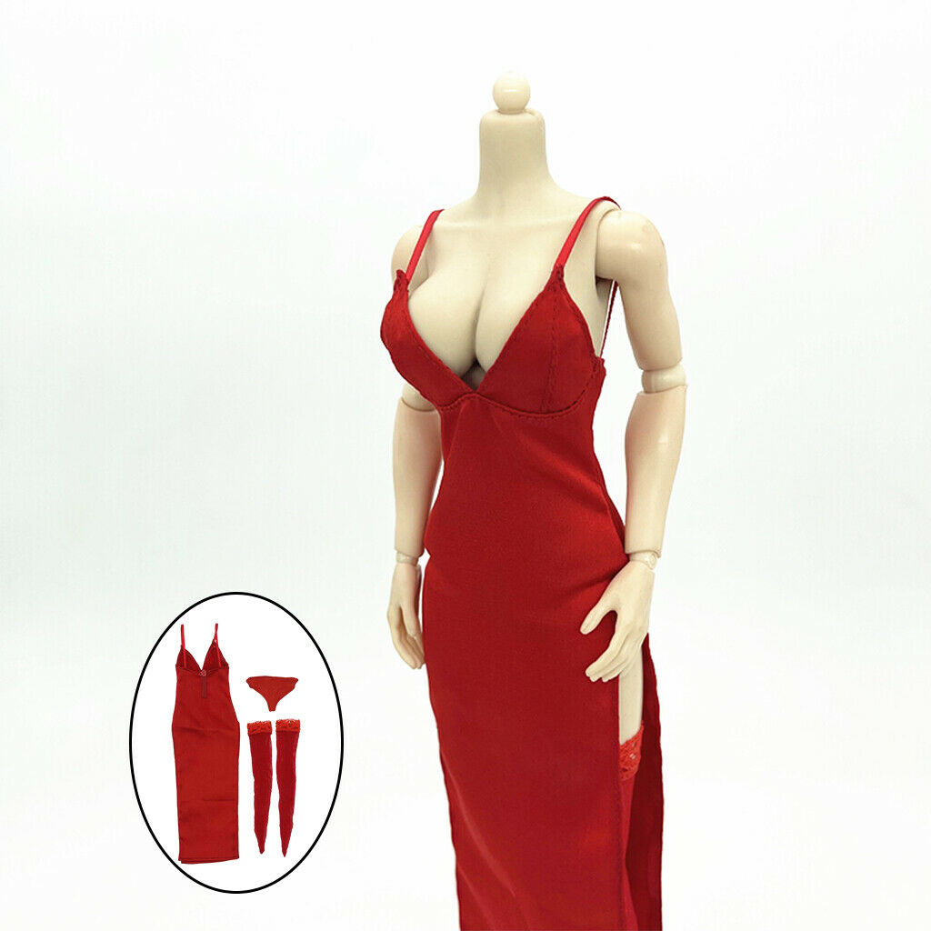 1/6 Womens Handmade Red Dress & Stocking for Action Figures Body Clothes