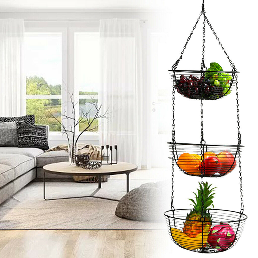 3-Tier Iron Hanging Fruit Basket Rack for Modern Kitchen Living Room Table