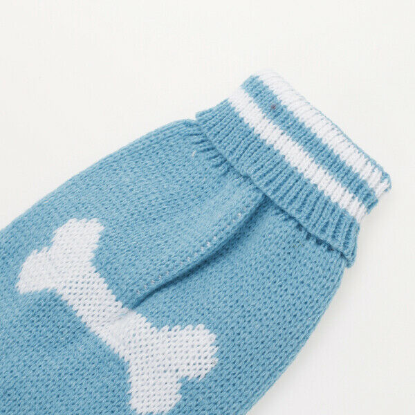Blue Turtleneck Dog Sweater Clothes w/ Bone Patterns - Size L