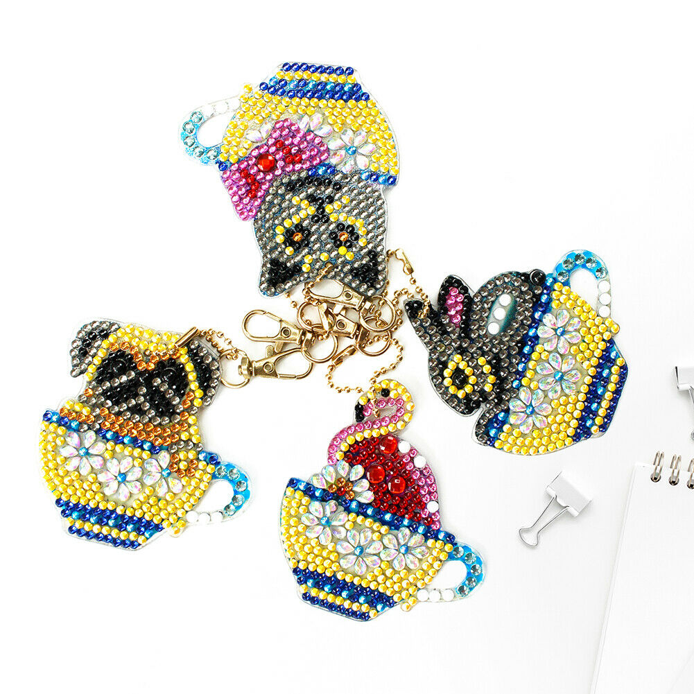 4x DIY Diamond Painting Keychains Cup Animal Embroidery Needlework Keyrings @