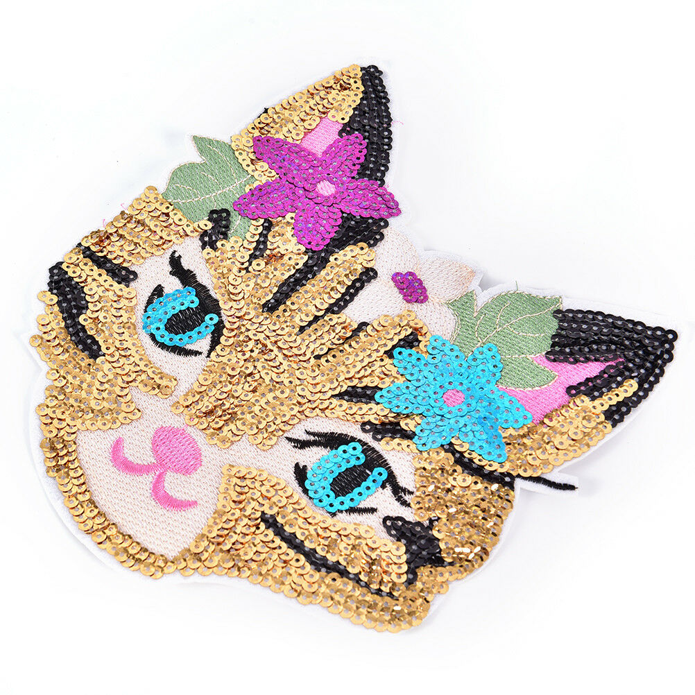 Cat Sequined Embroidered Sew On Patches for clothes DIY Coat Sweater Appli.l8