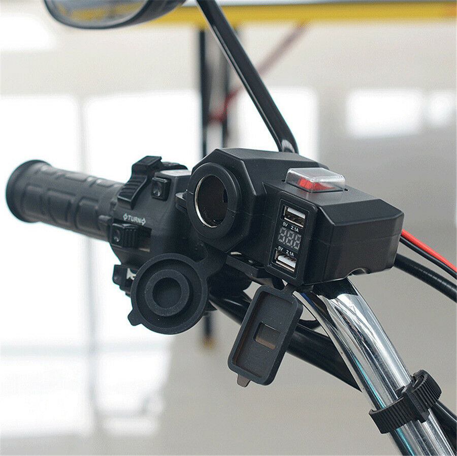 Motorcycle Cigarette Lighter Socket Outlet Dual USB Charger LED Voltmeter+Switch