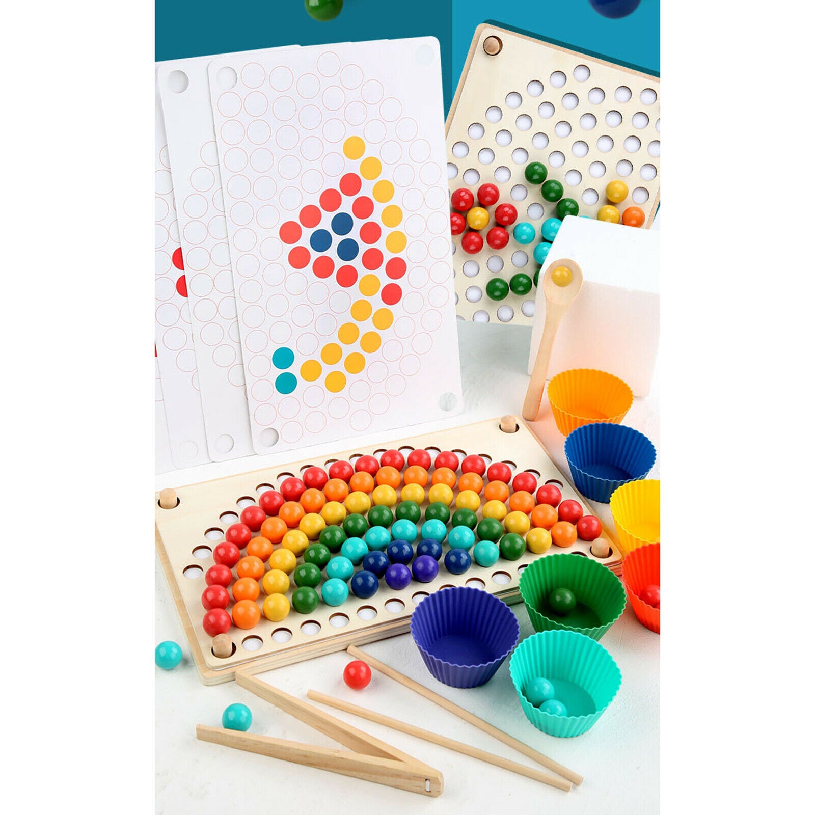 Rainbow Wooden Board Beads Game Puzzle Color Matching Toys for Toddlers