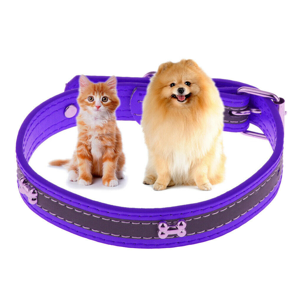 Pet Puppy PU Leather Belt Bone Reflective Safety Buckle Dog Collar-Purple