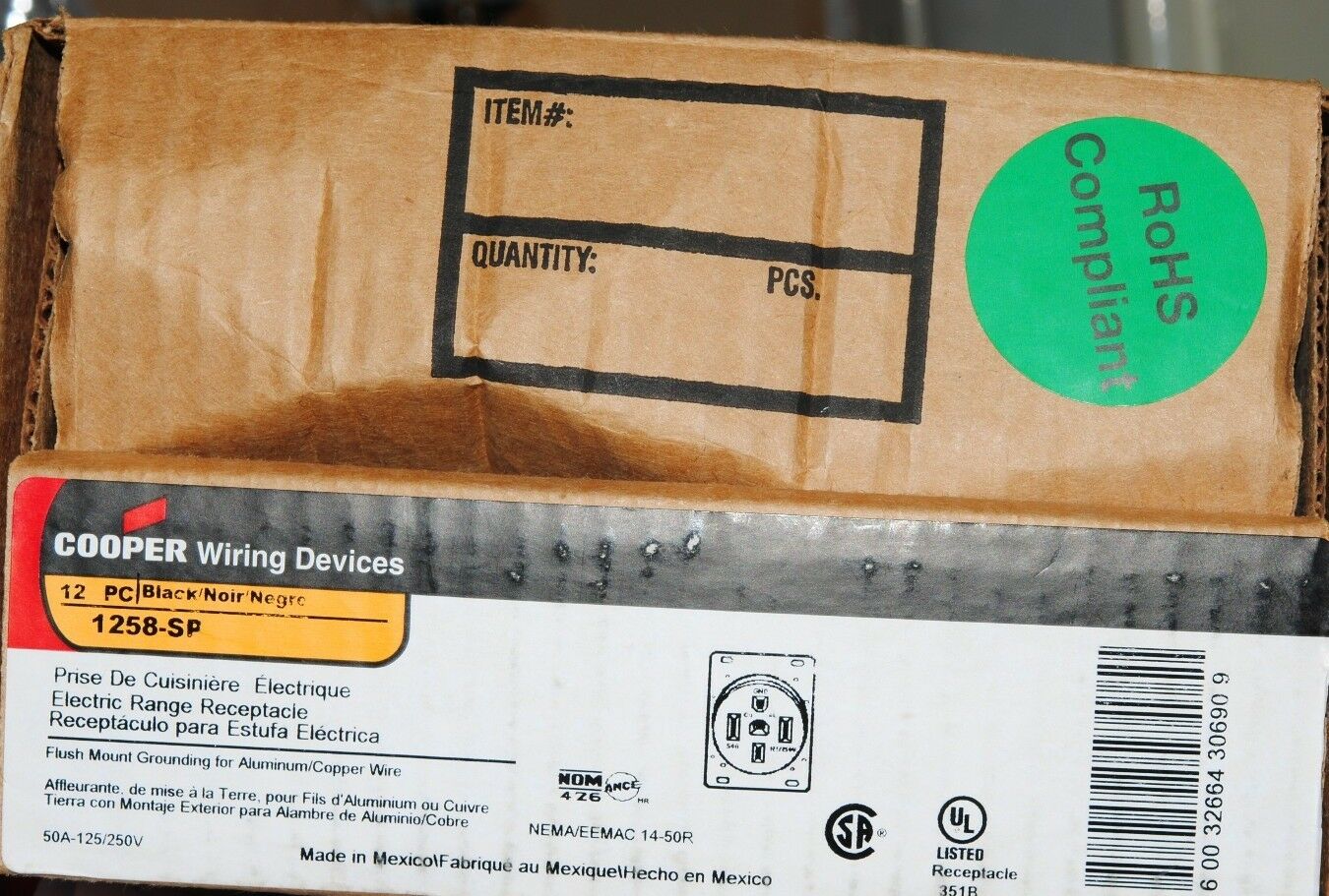 1pcs - COOPER 1258-SP NEMA 14-50R 50A 125/250V Receptacle Outlet