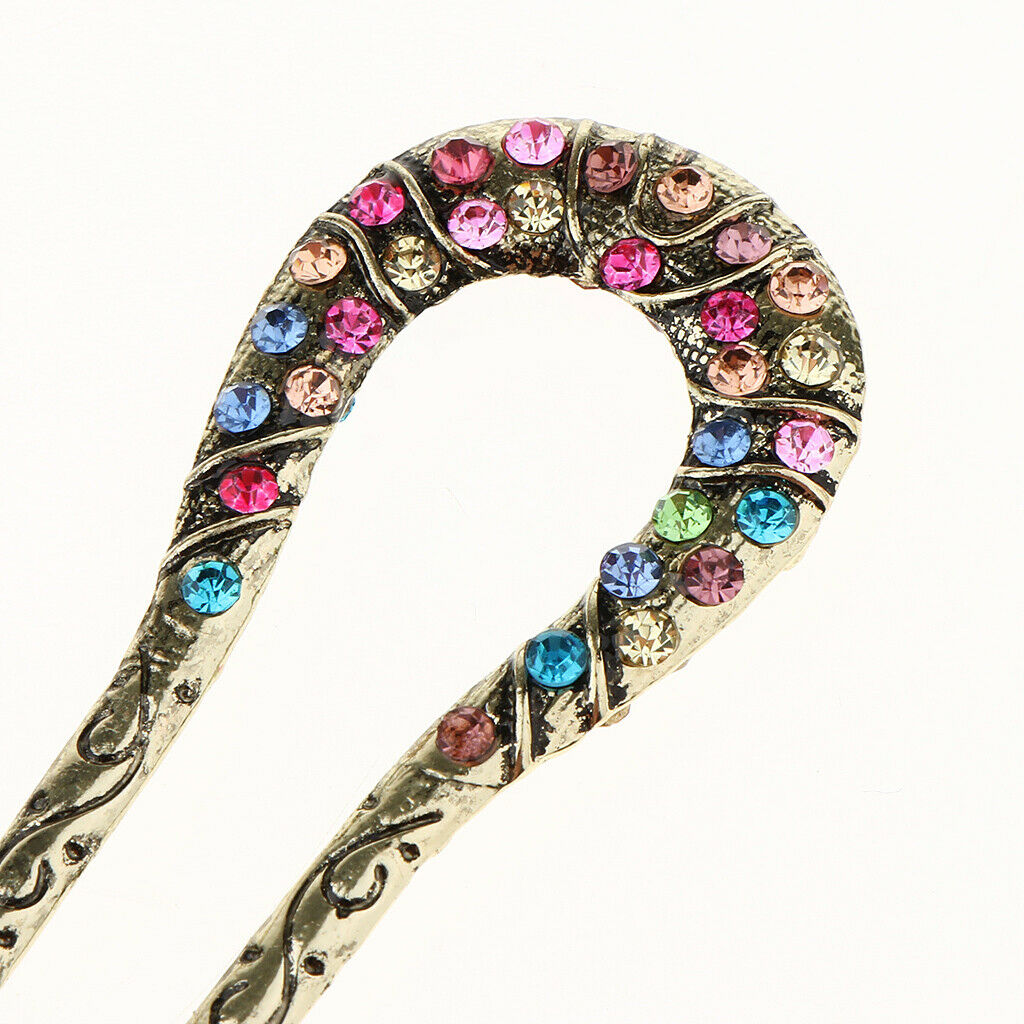 Retro Chinese Rhinestone Fork Hair Stick Wedding Bridal Chignon Pin Colorful