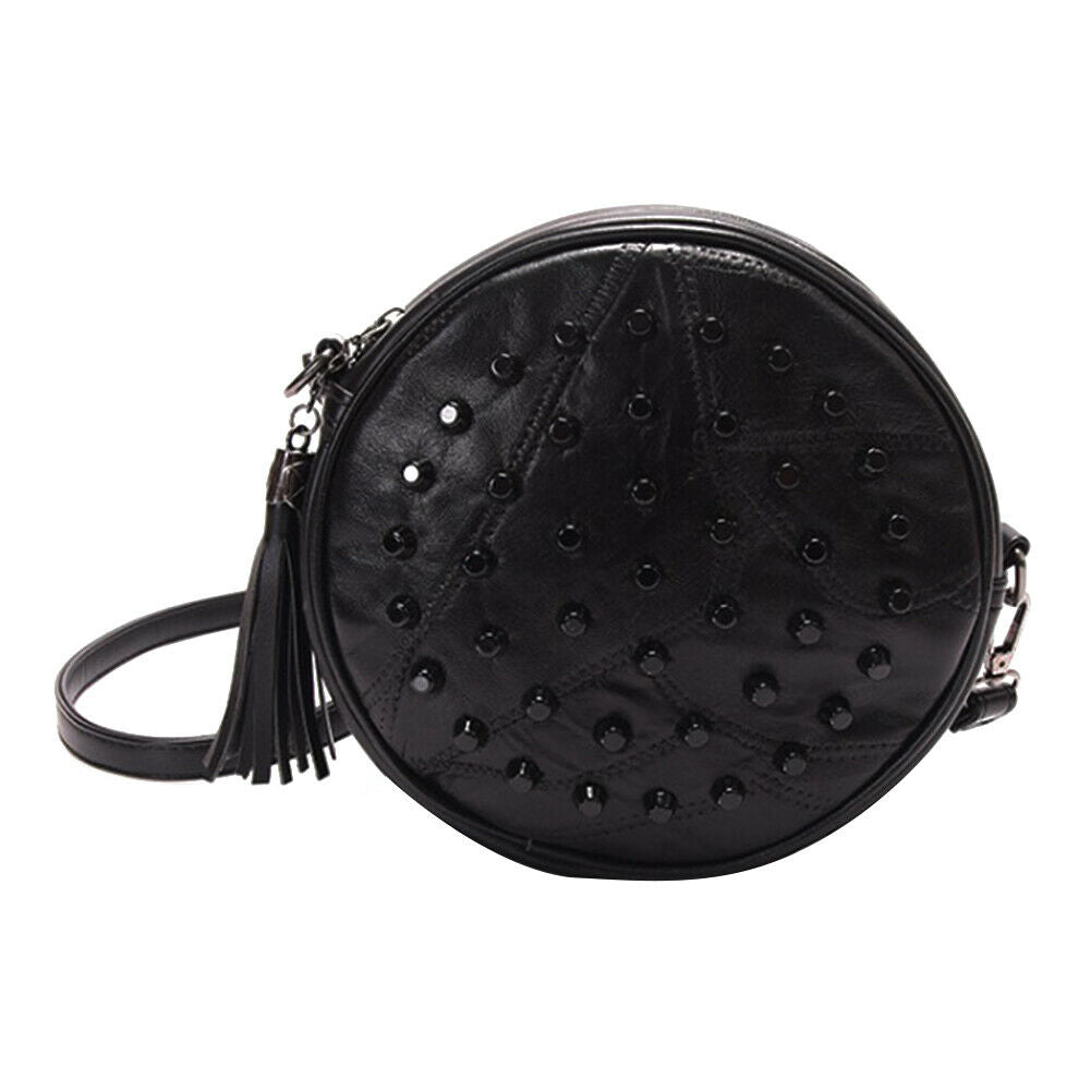 Women Sheepskin Rivet Cute Round Mini Shoulder Bag Crossbody Bag Black @