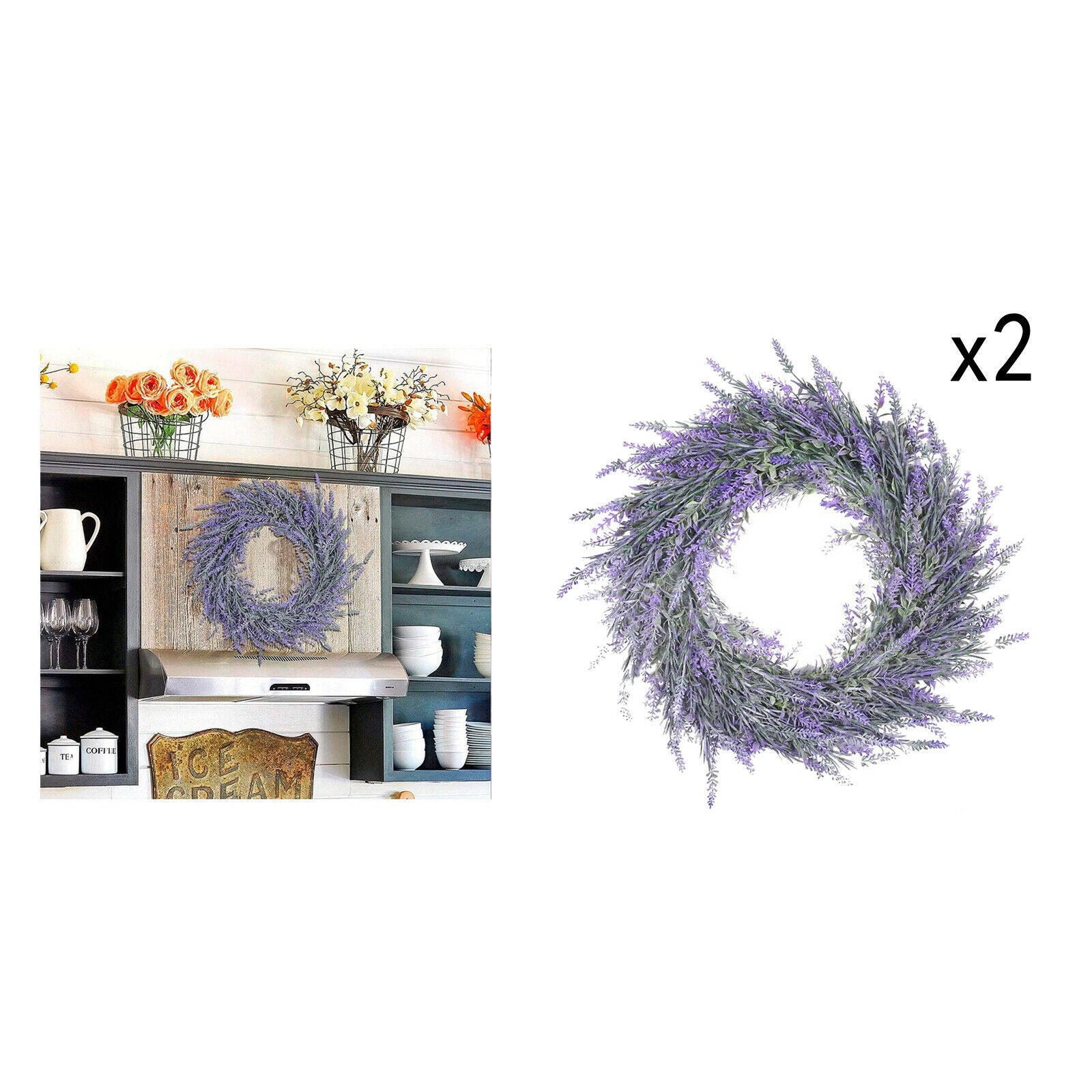 2x Artificial Door Wreath Hanging Lavender Flower Garland Home Decor for Wedding