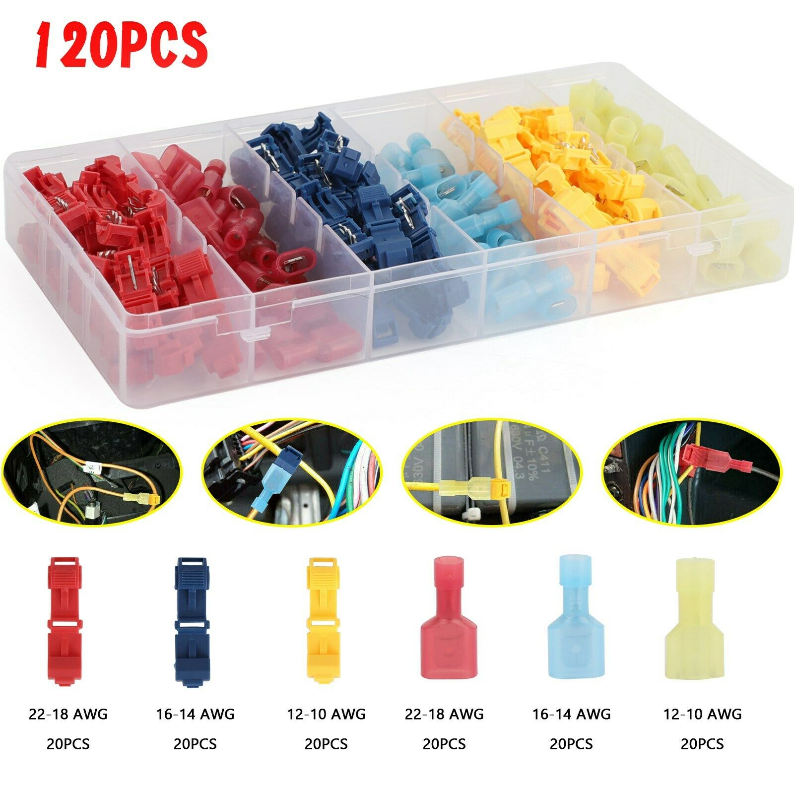 120pcs T Tap Quick Splice Connectors Male Disconnect Wire Crimp Terminals Kit CN