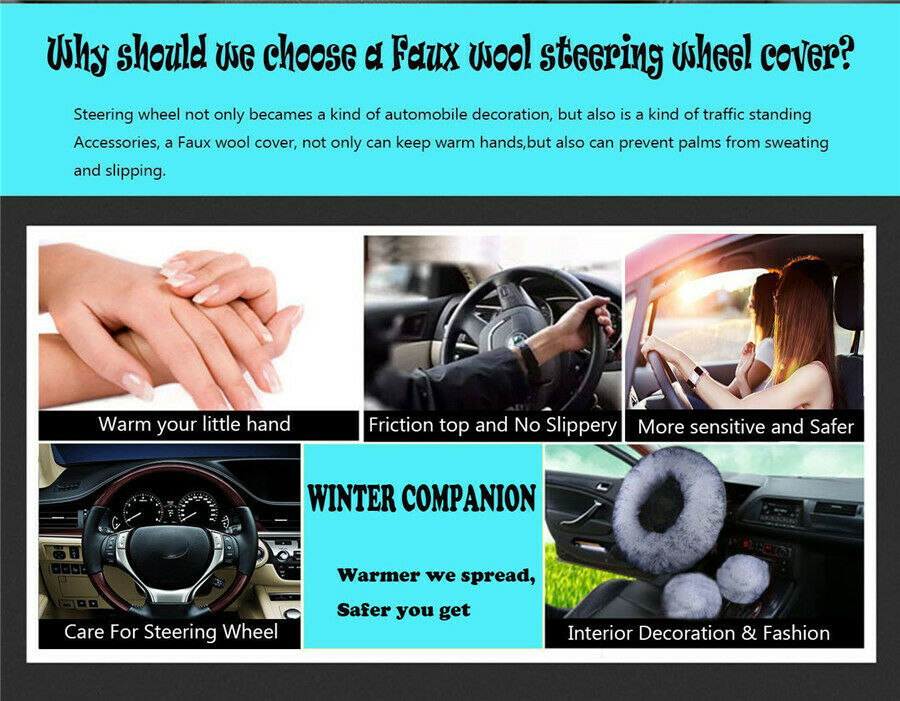 1 Set Long Plush Fur Fluffy Thick Car Steering Wheel Cover Gear Knob Brake Cover