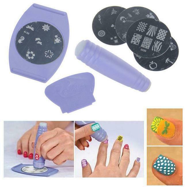 Nail Art Stamp Stencil Stamper + 8pcs Nail Art Sponge Stamping Template Set