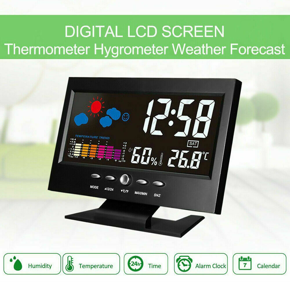Desk Led Digital Alarm Clock Time Snooze Calendar/Weather/Date/Temp LCD Display