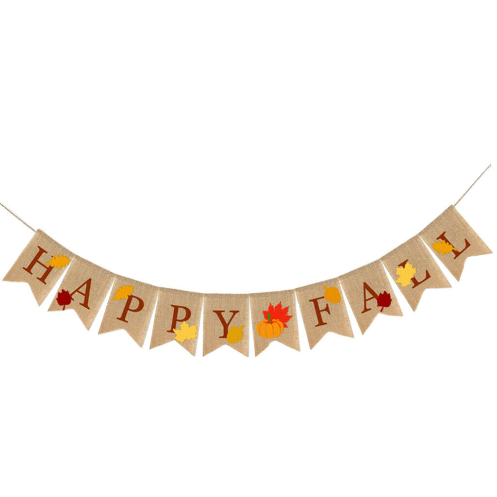 Rustic Happy Fall Burlap Banner Leaf Bunting Harvest Hanging Mantel Party