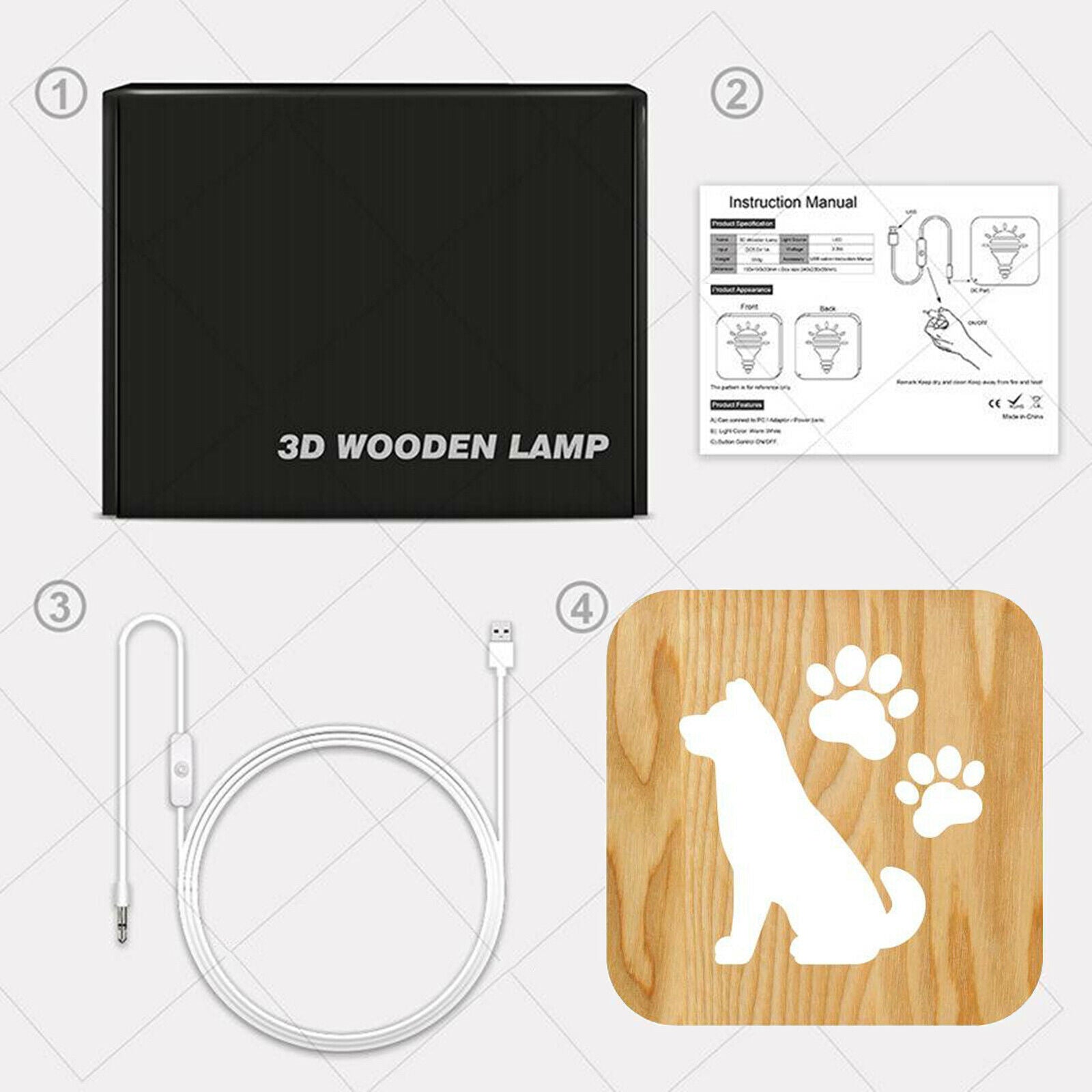 LED USB Wooden Night Light Dog Paw Hollow Bedroom Lamp Home Decoration for Kids