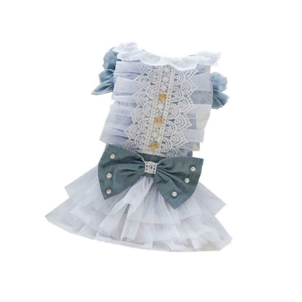 Dog Wedding Dress Denim Lace Stitch Dress Clothes Bownot Princess Skirt M