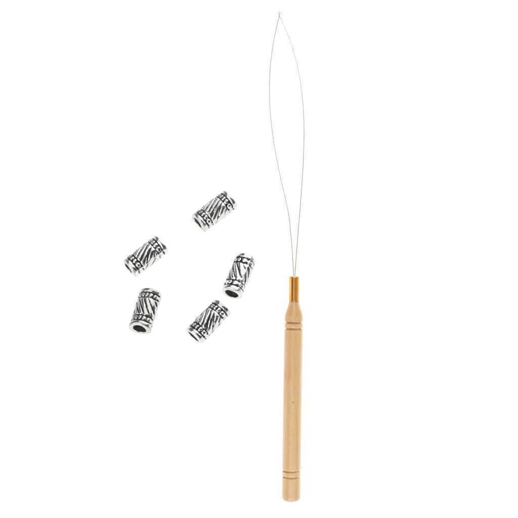 5Pcs Hair Braid Bead Hair Extensions Decoration + Wire Pulling Hook Tool 03