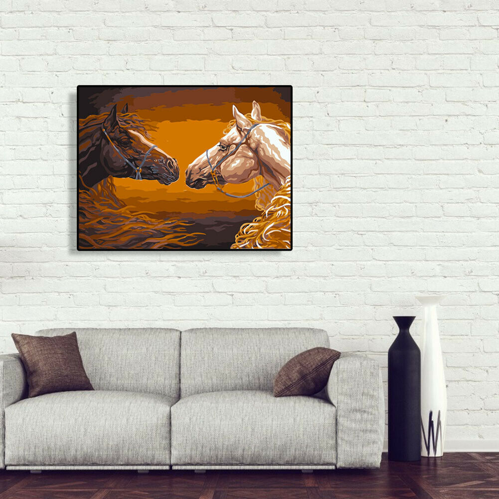 Painting By Numbers Kit DIY Two Horses Hand Painted Canvas Oil Art Picture @