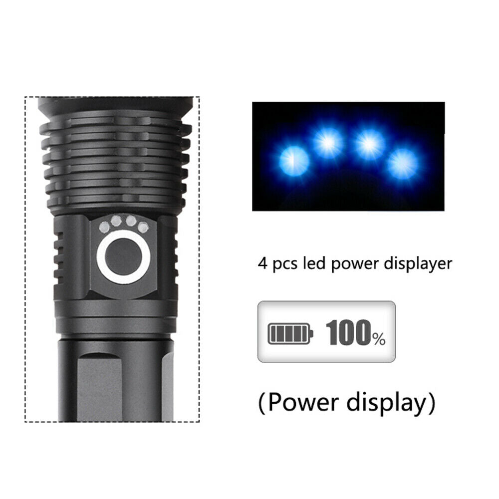 Bright XHP50 LED Flashlight USB Rechargeable Zoom Torch Light Outdoor Lamp
