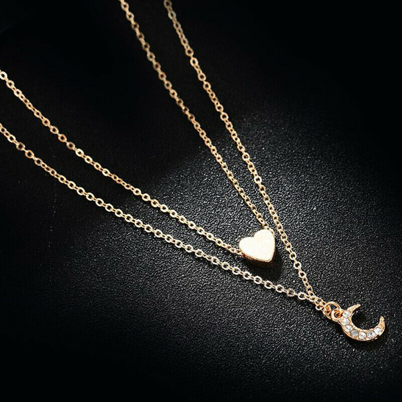 Fashion Women Multilayer Love Heart Moon Pendant Choker Necklace Jewelry GifY1