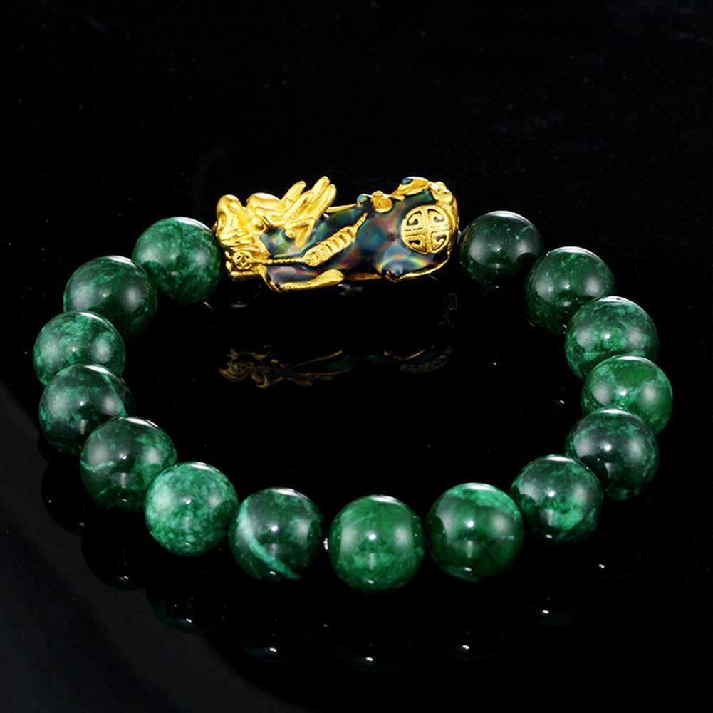 Natural Green Jade  Beads Wealth Golden Feng Shui Pixiu Bracelet 10mm Gift