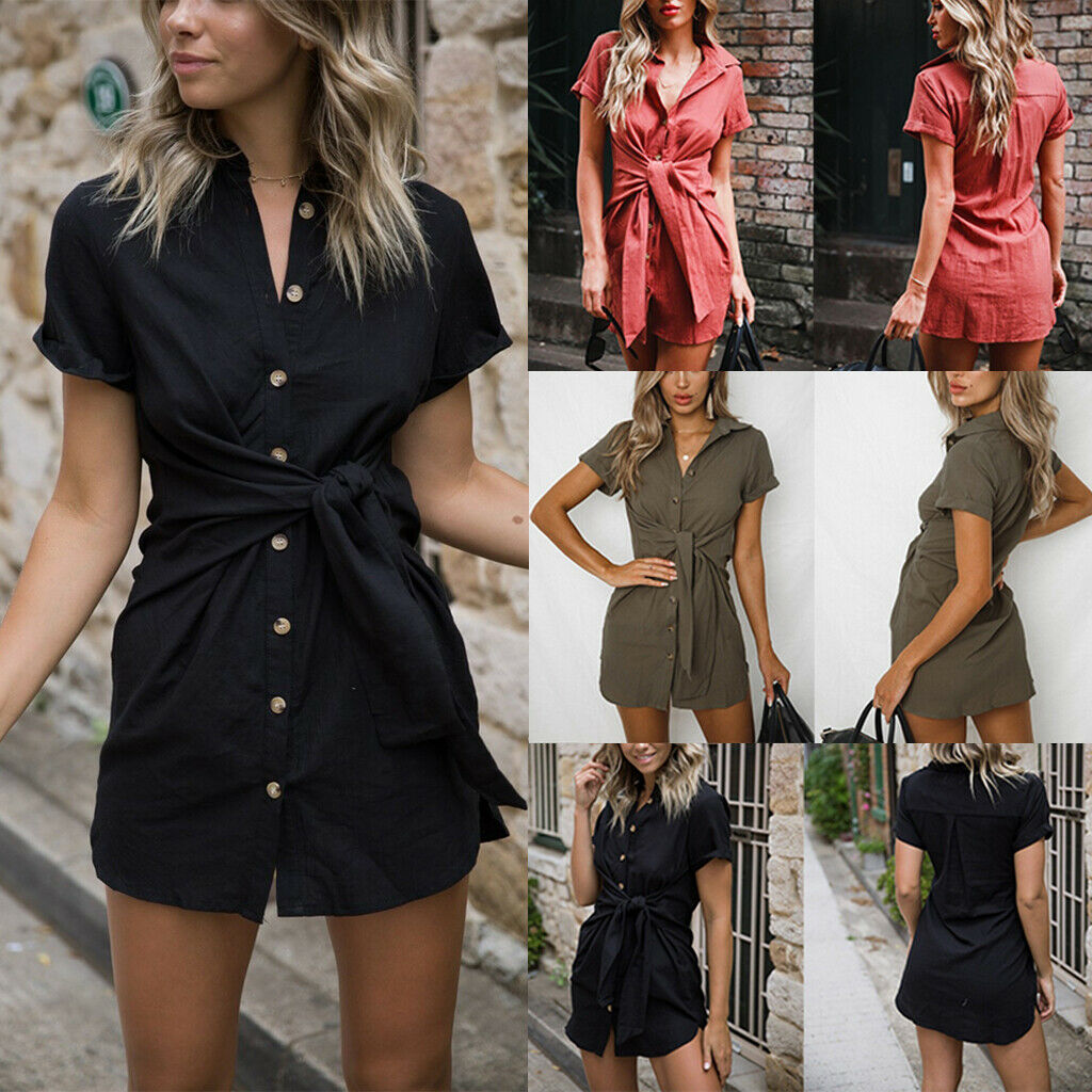 Women Summer Short Sleeve Solid Button Down Shirt Midi Dress Top S Red