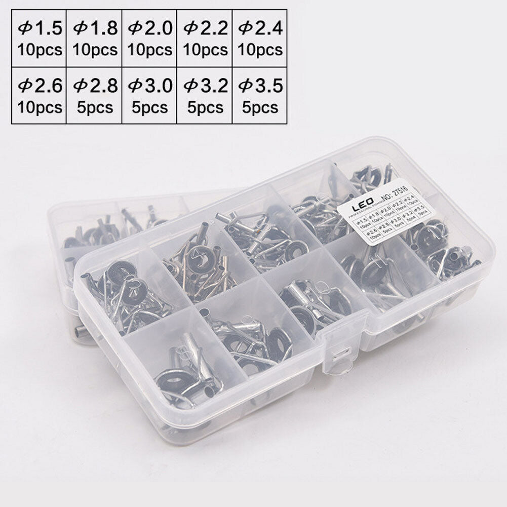 80pc Fishing Rod Part Guide Set Tip Top Repair Tool Kit W/Plastic Box New