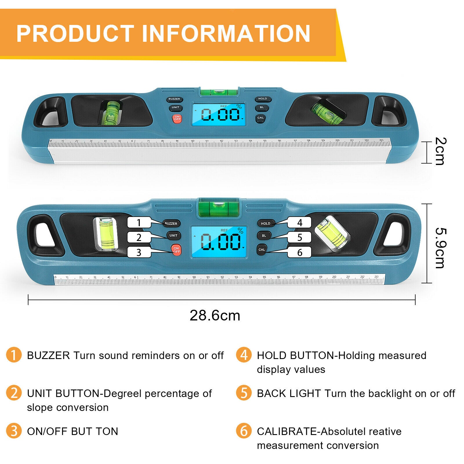 Digital Electronic Level Inclinometer Ruler Backlight for Construction Blue