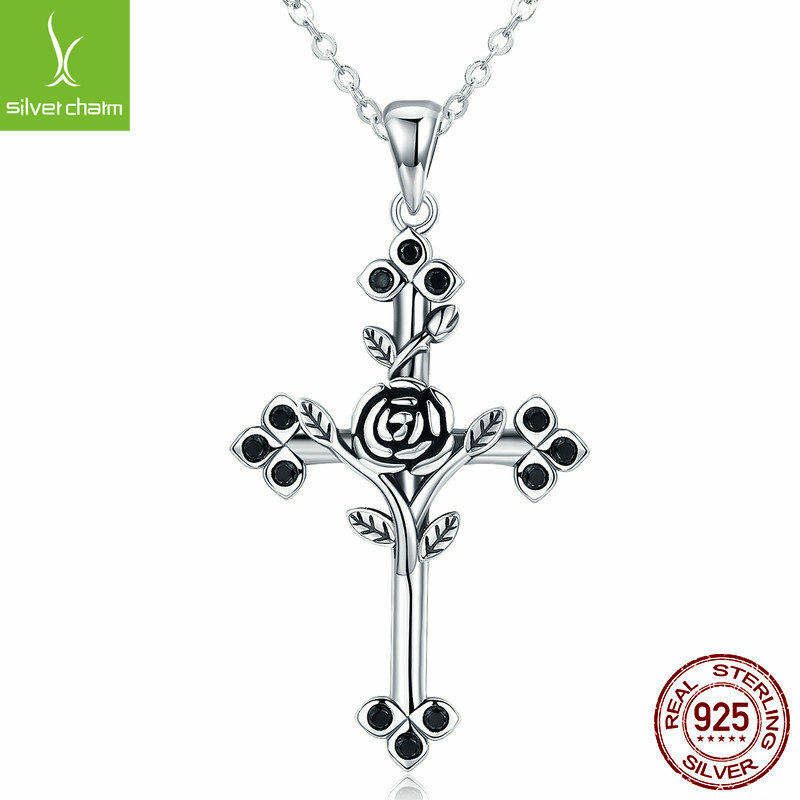 Authentic Pendant 925 sterling Rose Flower Leaf Cross Dangle Necklace chain 45cm