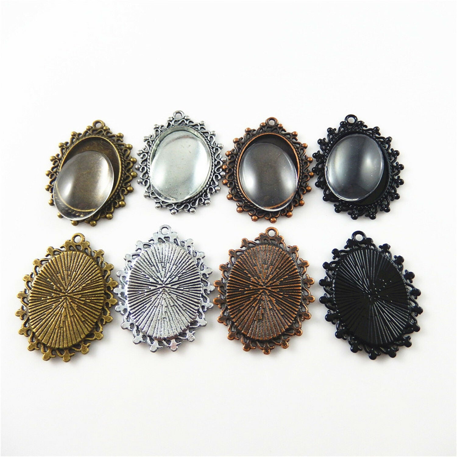 5 Sets Oval 25x18 mm Clear Glass Cameo + Bezel Charm Pendant #53484