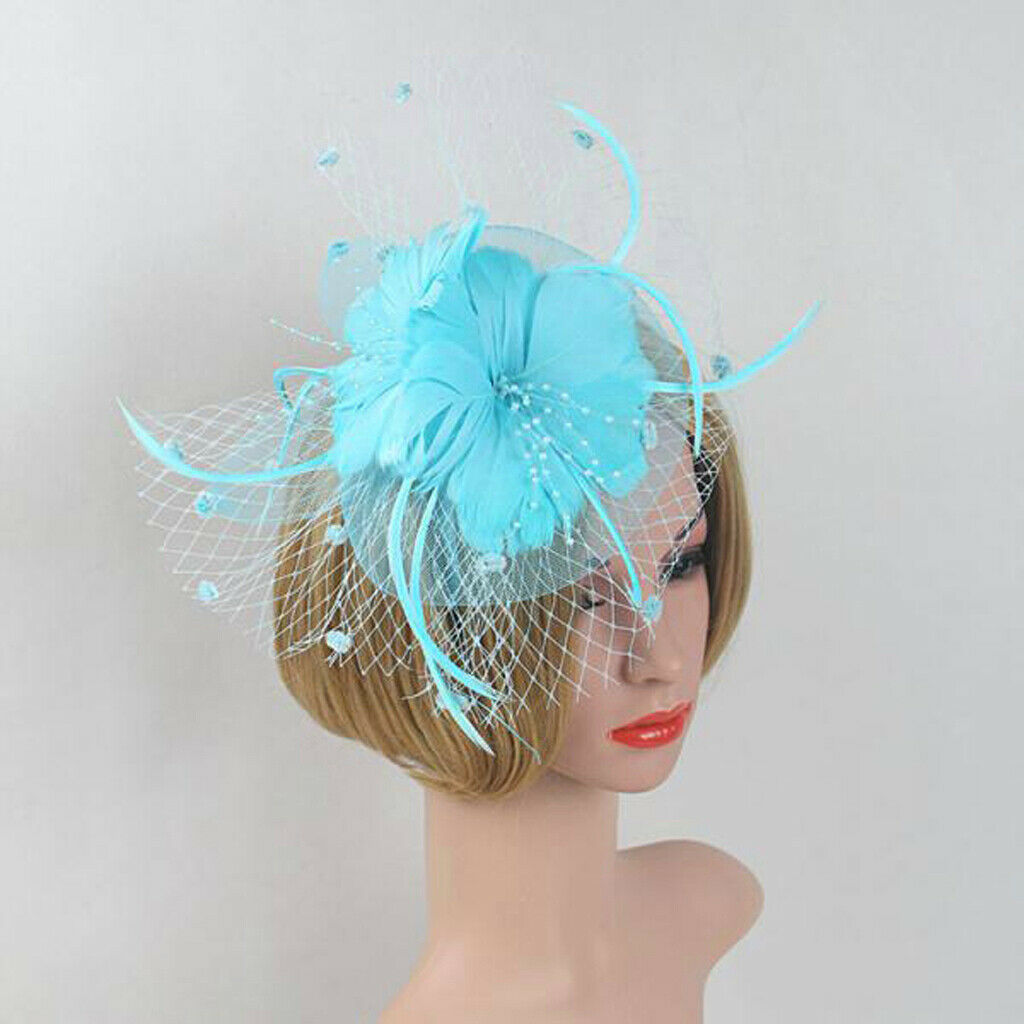 Flower Feather Net Fascinator Headband Wedding Race Ascot Ladies  Lake blue
