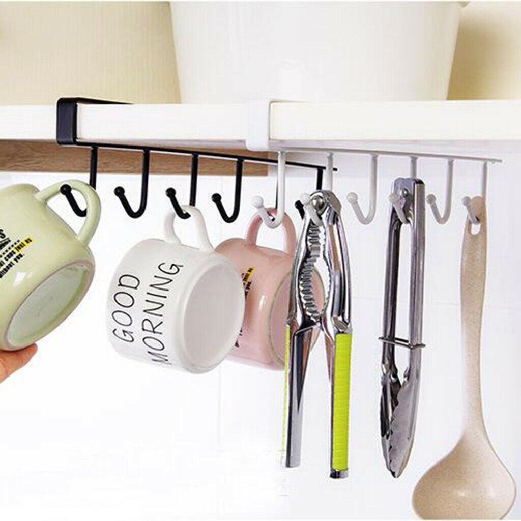 2Pcs Black 6 Hook Under Shelf Cabinet Rack Mug Tea Cup Holder Storage
